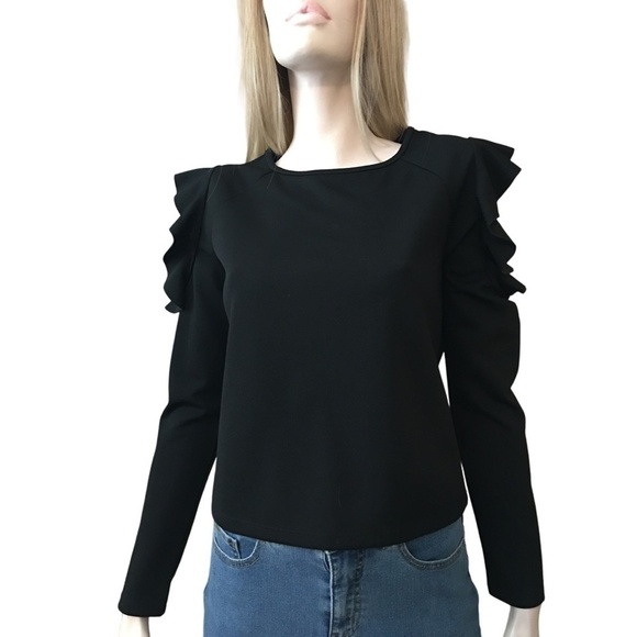Dynamite Ruffled Cold Shoulder Black Top Blouse Textured Long Sleeve NWOT - Picture 3 of 13